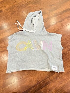 Calvin Klein Light Gray Cropped Sleeveless Hoodie with Pastel Logo